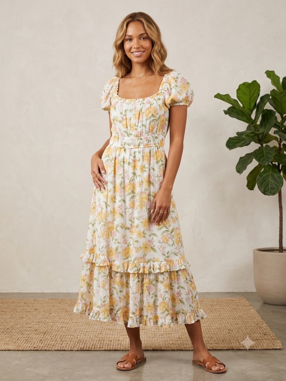 Women’s MINE Boutique Floral Puff-Sleeve Maxi Dress Lightweight Medium
